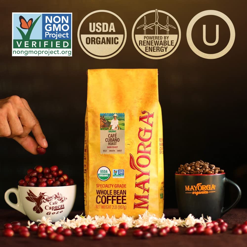 Mayorga Organic Coffee 2lb Cafe Cubano Roast - Dark Roast Whole Bean Specialty Grade Coffee, 100% Arabica, Slow Roasted, Bold and Smooth Flavor with Low Acidity - USDA Organic, Non-GMO, Kosher