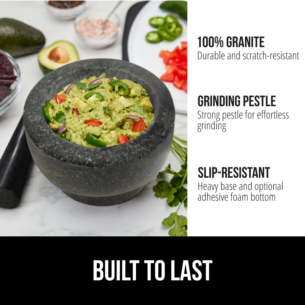GORILLA GRIP Heavy Duty Mortar and Pestle Set with Slip Resistant Base, 100% Granite Stone Molcajete Guacamole Bowl, Grind Seeds, Garlic, Herb, Kitchen Muddler, Essentials for Chefs, 1.5 Cup Gray