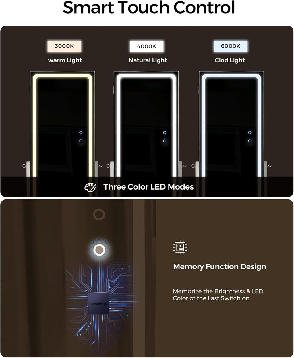 SONGMICS LED Mirror Jewelry Cabinet, Adjustable Brightness and 3 Shades of Light, Standing Jewelry Armoire with Full-Length Mirror, Jewelry Organizer with Built-in Mirror and Lights, White UJJC016W01