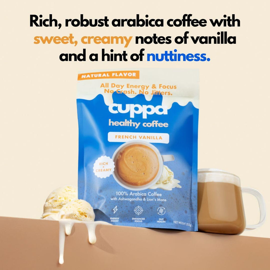 Cuppa Medium Roast Mushroom Coffee with Adaptogens & Superfoods - Lion’s Mane, Ashwagandha & Cordyceps. Adaptogens + MCT to support natural energy, mental focus & gut health (30 Servings)