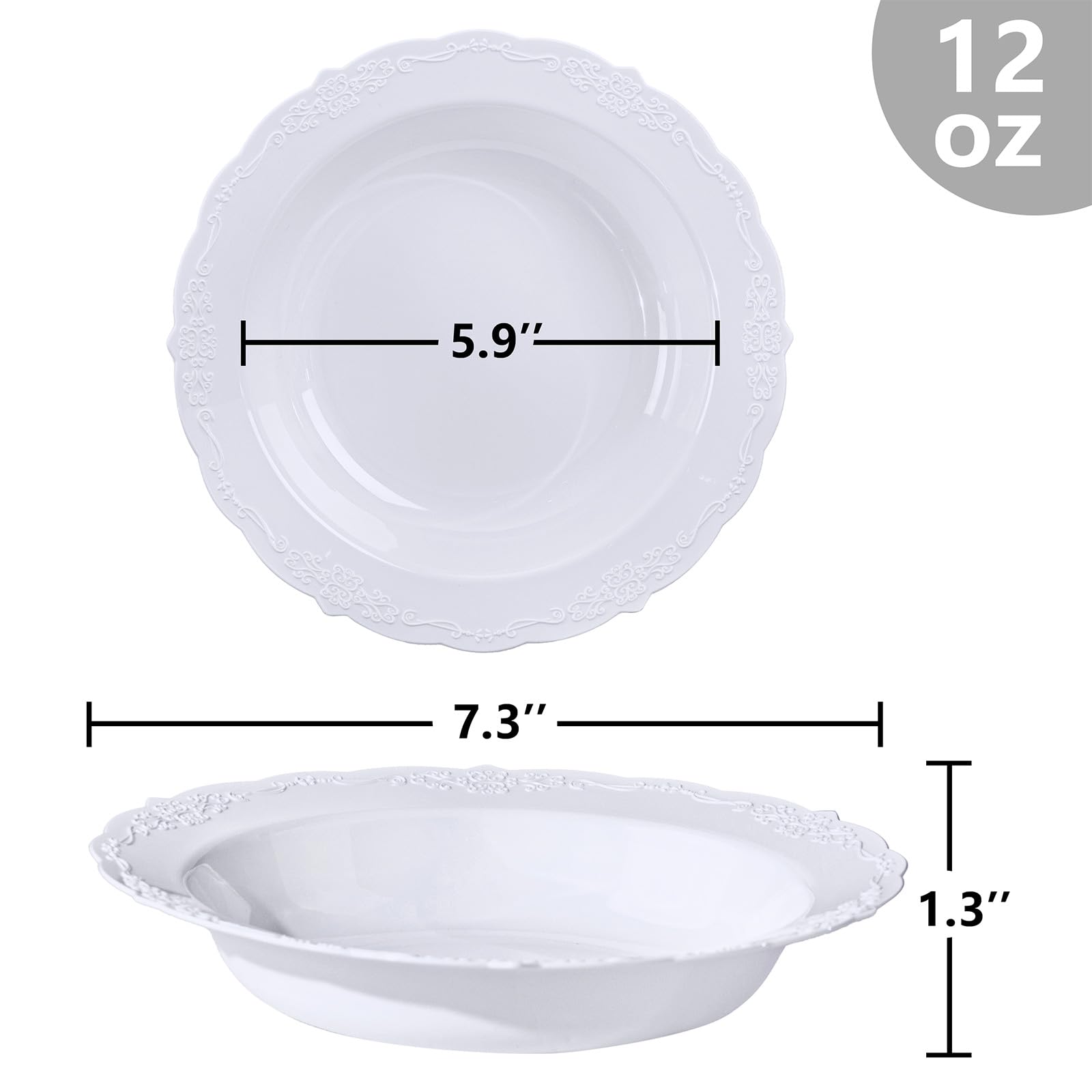 DaYammi 50 Pack White Plastic Bowls, 12oz Disposable Soup Bowls, White bowls Disposable Heavy Duty Dinner Bowls for Weddings, Salad Bowl for Parties, Dinners, Catering and Everyday Use