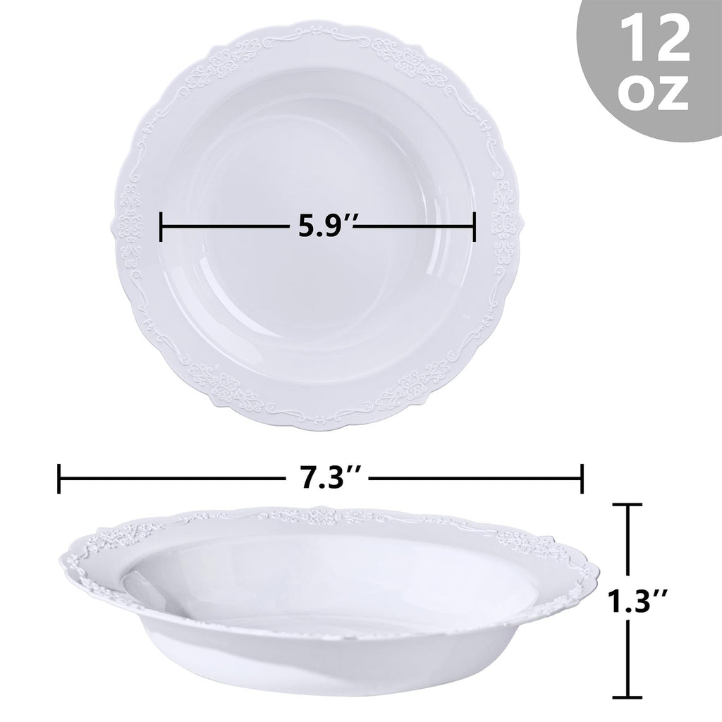 DaYammi 50 Pack White Plastic Bowls, 12oz Disposable Soup Bowls, White bowls Disposable Heavy Duty Dinner Bowls for Weddings, Salad Bowl for Parties, Dinners, Catering and Everyday Use