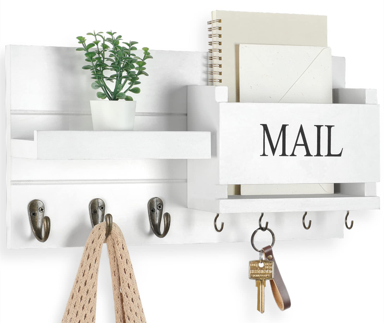 Mail Organizer for Wall Mount – Key Holder with Shelf Includes Letter Holder and Hooks for Hallway Farmhouse Decor – Rustic Wood with Flush Mounting Hardware (16.5” x 9.1” x 3.4”) (White)