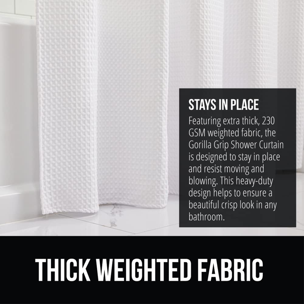 GORILLA GRIP Waffle Shower Curtain, Thick Weighted Fabric, Wrinkle and Rust Resistant, Classic Hotel Quality Design, Heavy Duty Long Curtains for Bathroom Showers, Bath Tubs, Machine Wash, 72x72 White