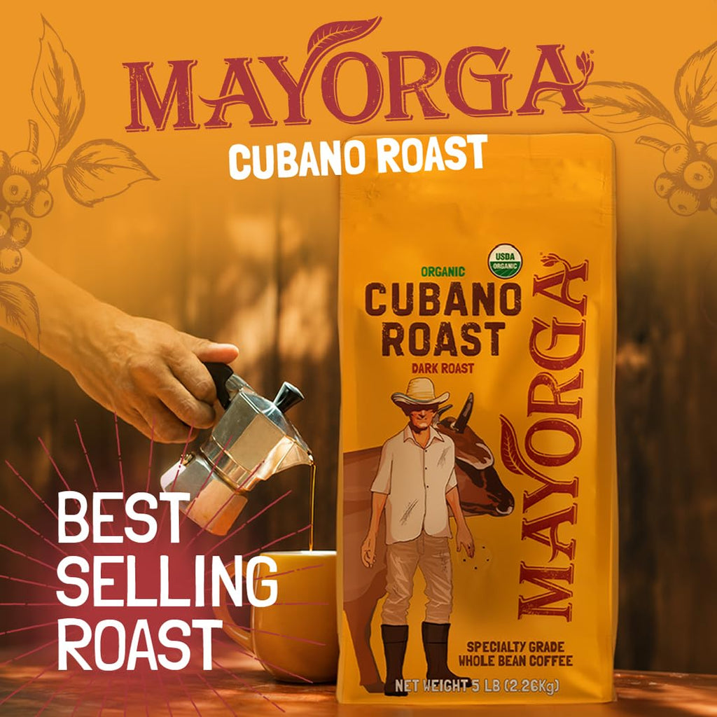Mayorga Organic Coffee 2lb Cafe Cubano Roast - Dark Roast Whole Bean Specialty Grade Coffee, 100% Arabica, Slow Roasted, Bold and Smooth Flavor with Low Acidity - USDA Organic, Non-GMO, Kosher