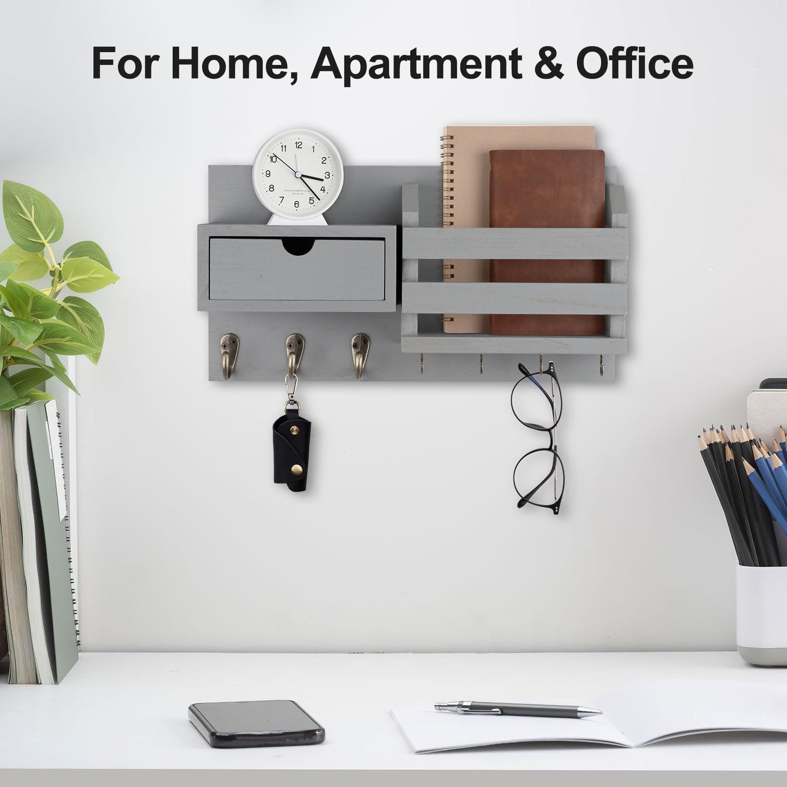 Wall Mount Key Holder with Mail Organizer, 100% Paulownia Wood, 7 Metal Hooks, Storage Drawer, Entryway Home Decor (Brown)