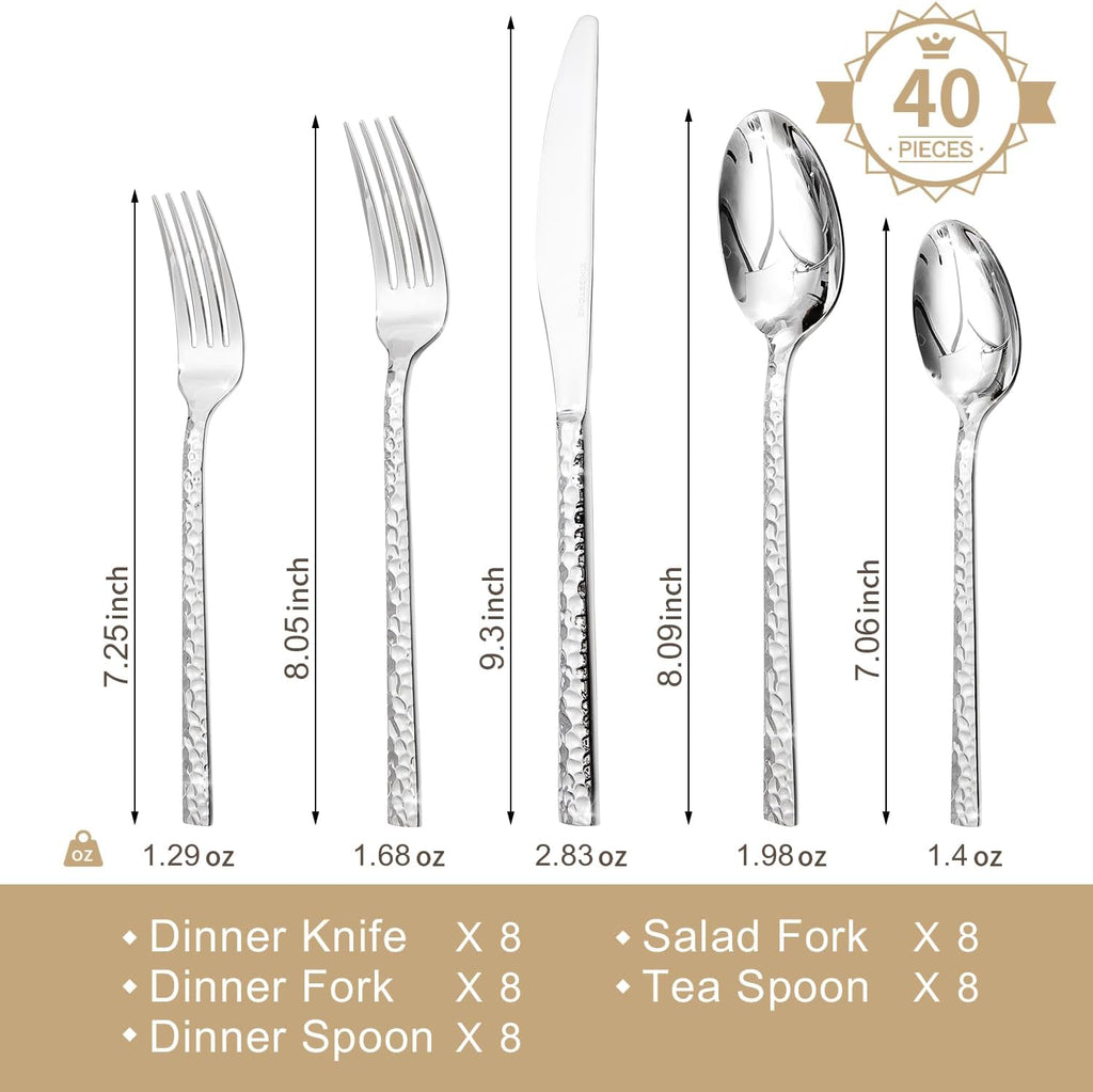 KINGSTONE 40 Piece Hammered Silverware Set and 8 Piece Serving Utensils Set