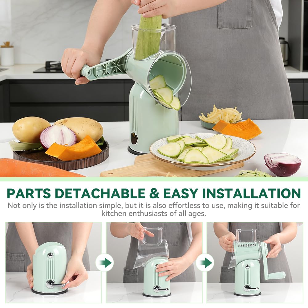KEOUKE Rotary Cheese Grater 5 in 1 Green - Hand Crank Vegetable Cutter, Shredder, Slicer, Enlarge Input, Suction Base, Labor-Saving Handle, Blade Storage Box, for Onion, Potato, Vegetable, Nuts, etc
