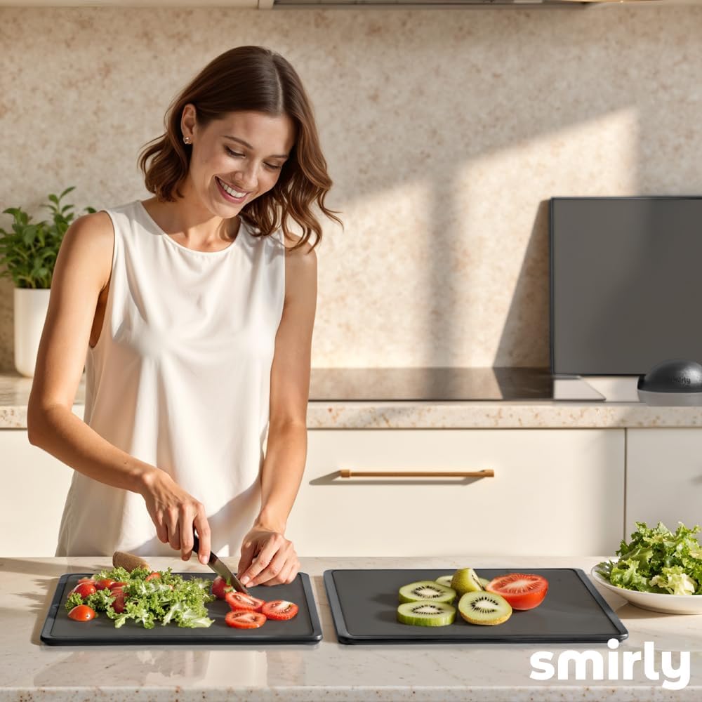 SMIRLY Plastic Cutting Board Set 3 Pieces, Non-Slip Dishwasher Safe Chopping Boards for Kitchen, Dark Grey