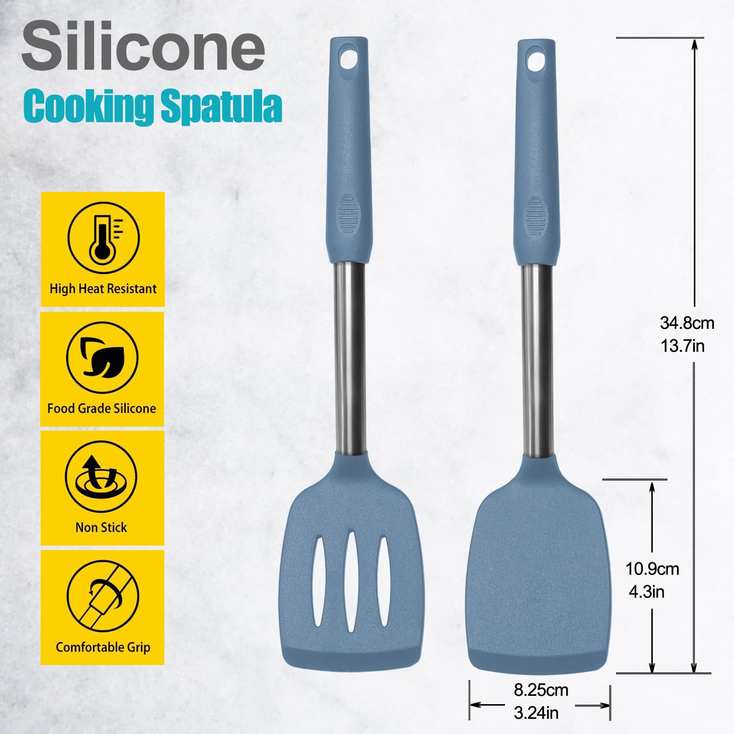 2 Pack Spatulas, Solid & Slotted Silicone Spatula Set, Stainless Steel Handle Coated with Silicone, Non Stick Turners, Heat Resistant Rubber Spatulas for Fish, Eggs, Pancakes, WOK, Black