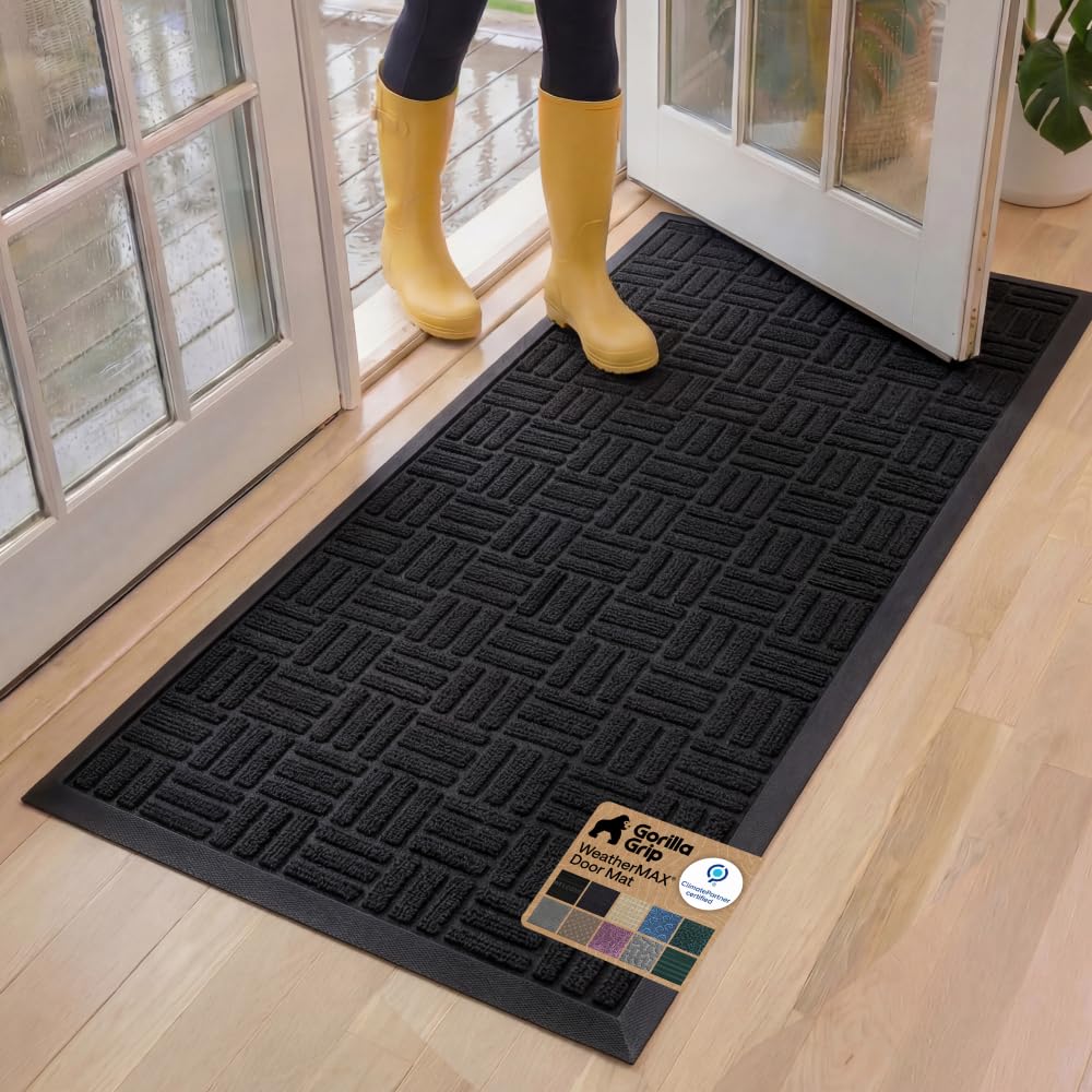 GORILLA GRIP 100% Waterproof All-Season WeatherMAX Doormat US Designed Natural Rubber, Stain Fade Resistant, Low Profile Indoor Outdoor Front Door Mats Outside Entrance, Easy Clean 29x17 Gray Diamond
