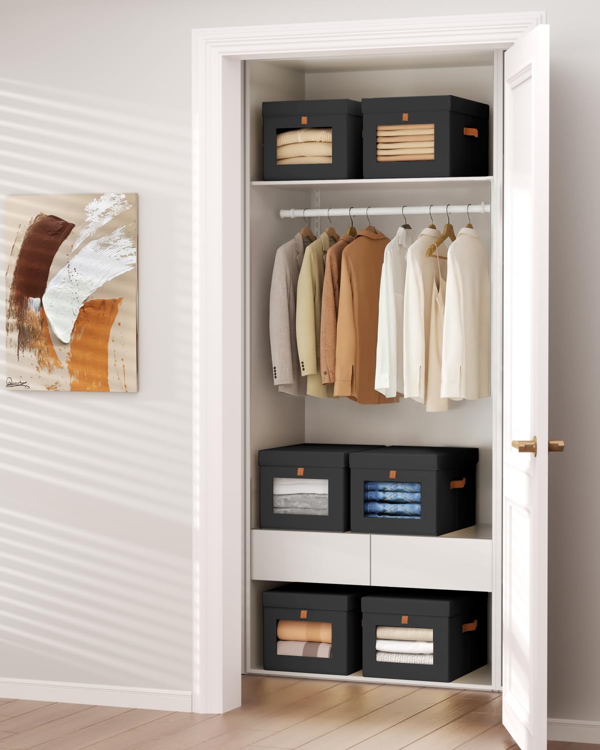 Homsorout Large Storage Bins with Lids - Front Opening Fabric Storage Bins, Flap Closet Organizer with Handles, Collapsible Boxes with Lid, Decorative Basket for Home, Dorm, 2 Pack, Beige