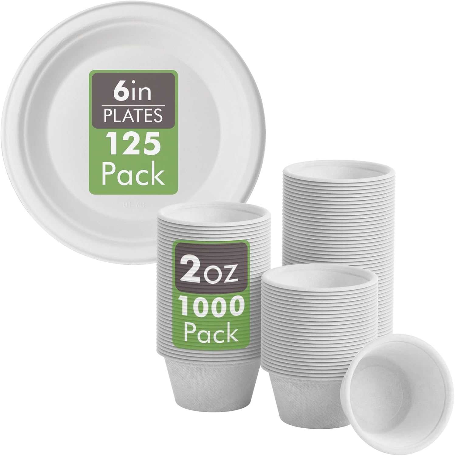 Vplus 125 Pack Compostable Disposable Paper Plates 6 inch and 1000 Pack 2 OZ Disposable Souffle Cups