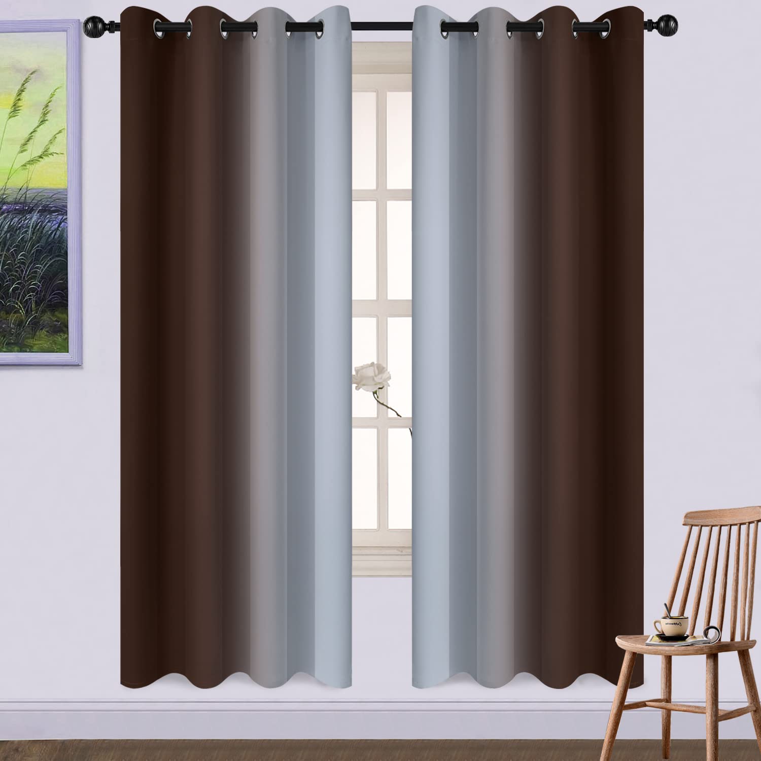 Yakamok Blue and Greyish White Ombre Curtains, Room Darkening Gradient Color Curtains for Bedroom, Light Blocking Thermal Insulated Window Drapes for Living Room(2 Panels, 52x84 Inch)