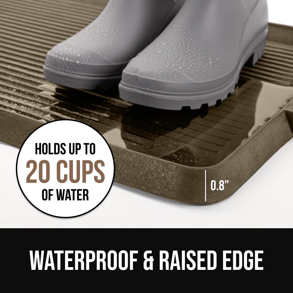 GORILLA GRIP Natural Rubber Indoor Outdoor Boot Tray for Shoes, 32x16, Waterproof Winter Mat with Raised Edges, Handles, Tear Resistant Heavy Duty Home Garage Floor Mats, Easy Clean Shoe Trays, Black