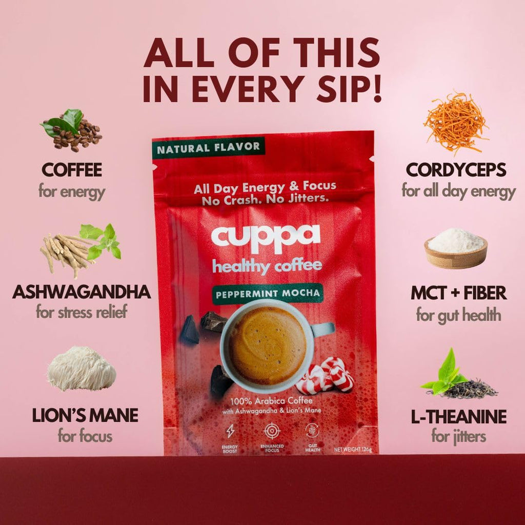 Cuppa Medium Roast Mushroom Coffee with Adaptogens & Superfoods - Lion’s Mane, Ashwagandha & Cordyceps. Adaptogens + MCT to support natural energy, mental focus & gut health (30 Servings)
