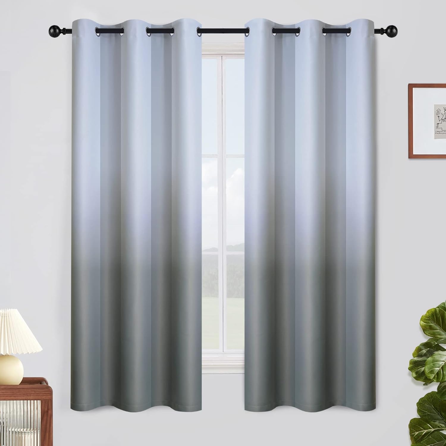 SimpleHome Ombre Room Darkening Curtains for Bedroom, Gradient Black to Grey White Light Blocking Thermal Insulated Grommet Window Curtain/Drapes for Living Room,2 Panels, 52x84 inches Length