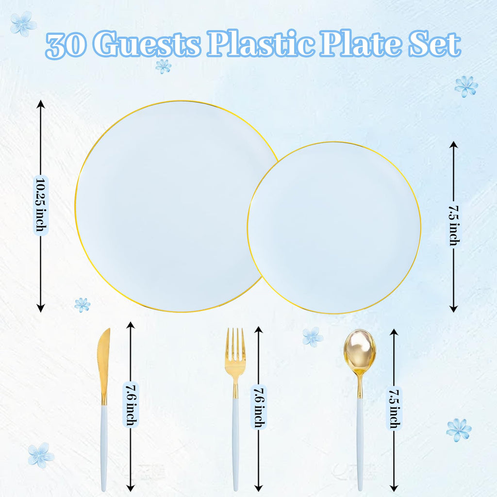 DaYammi 150Pcs Gold Plastic Plates with Disposable Silverware,White Gold Disposable Dinnerware Set - 30 Dinner Plate,30 Dessert Plate,90 Gold Cutlery with White Handles,Fancy Plates for Party Wedding