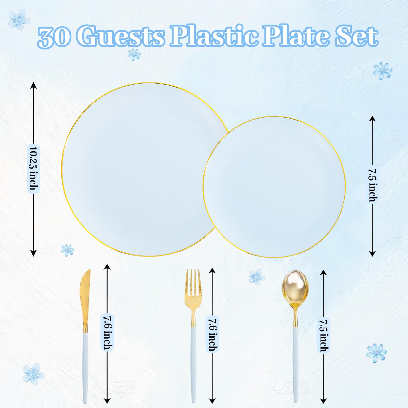 DaYammi 150Pcs Gold Plastic Plates with Disposable Silverware,White Gold Disposable Dinnerware Set - 30 Dinner Plate,30 Dessert Plate,90 Gold Cutlery with White Handles,Fancy Plates for Party Wedding