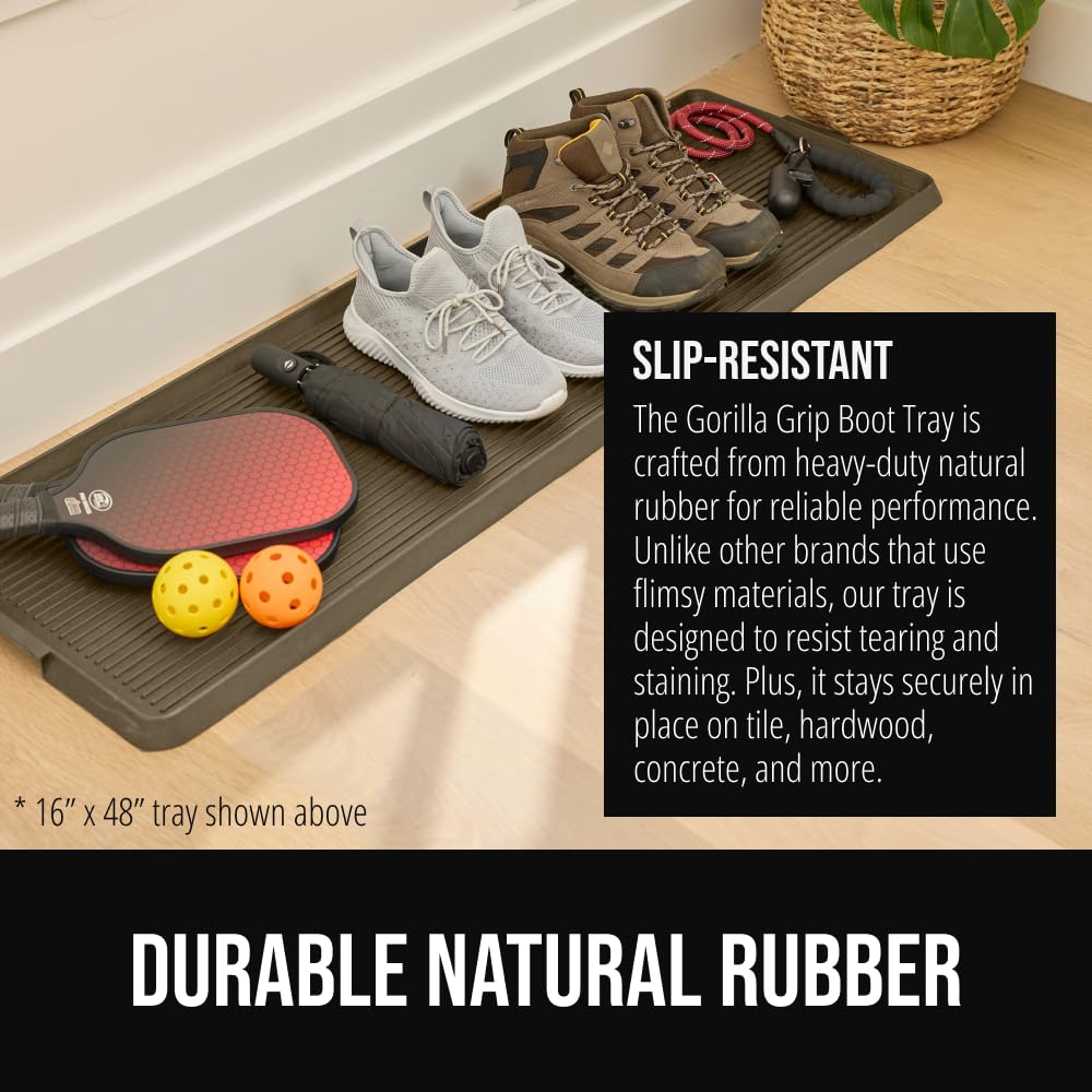 GORILLA GRIP Natural Rubber Indoor Outdoor Boot Tray for Shoes, 32x16, Waterproof Winter Mat with Raised Edges, Handles, Tear Resistant Heavy Duty Home Garage Floor Mats, Easy Clean Shoe Trays, Black