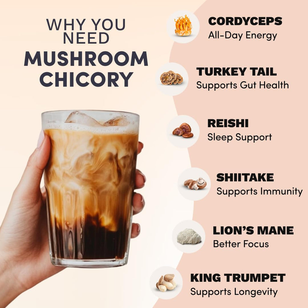 RYZE SUPERFOODS Mushroom Medium Roast Coffee USDA Organic with 6 Adaptogenic Mushrooms, USA Grown Instant Coffee for Better Energy, Focus Digestion Immunity with Lions Mane & Turkey Tail 30 Servings
