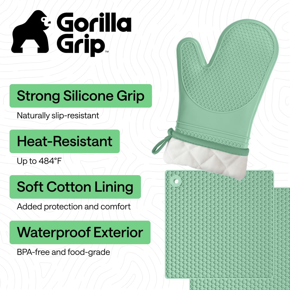 GORILLA GRIP BPA-Free Soft Silicone Oven Mitts, Heat Resistant and Waterproof Cooking Safety Gloves, Thick Cotton Lining, Flexible Gripping, Kitchen Potholders Set, for Grilling, BBQ, 12.5x8.3, Black