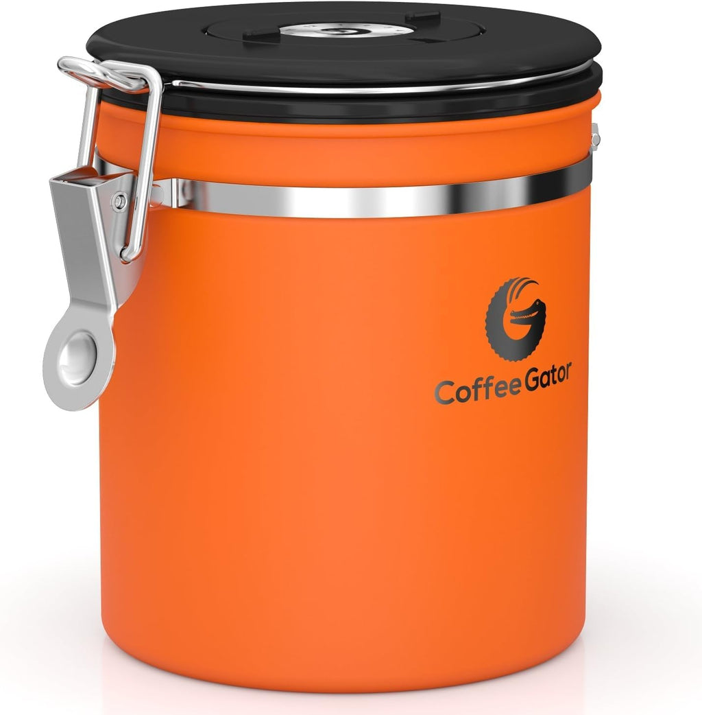 Coffee Gator Stainless Steel Canister - Medium 16oz, Gray Coffee Grounds and Beans Container with Date-Tracker, CO2-Release Valve, and Measuring Scoop - Ideal Coffee Lovers Gifts