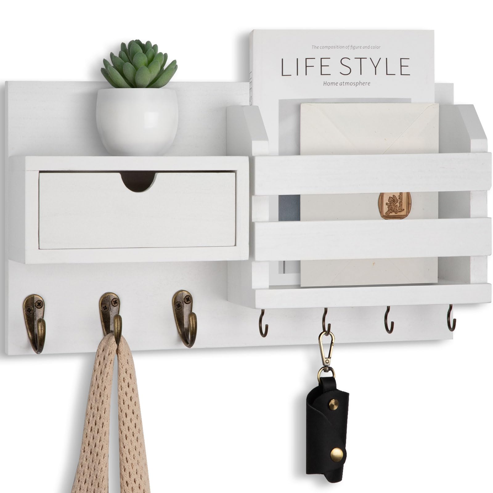 Wall Mount Key Holder with Mail Organizer, 100% Paulownia Wood, 7 Metal Hooks, Storage Drawer, Entryway Home Decor (Brown)