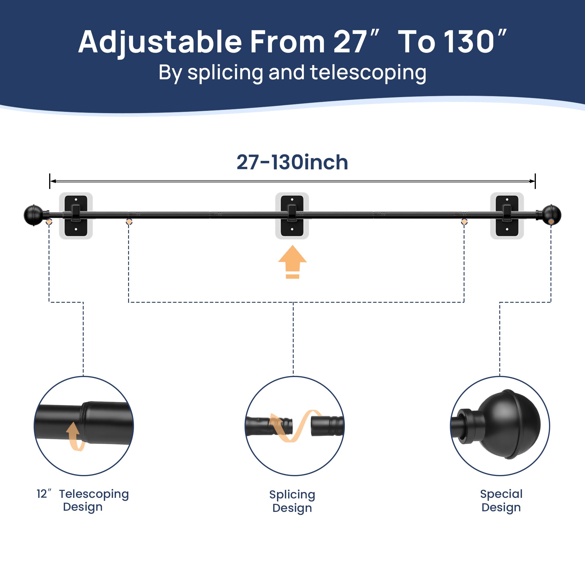 ENJOYBASICS No Drill Curtain Rods for Window 28 to 47 Inches, 5/8 Inch Diameter Renter Friendly Drapery Rod with Adhesive Brackets without Drilling, Adjustable from 27 to 52 Inches, Black