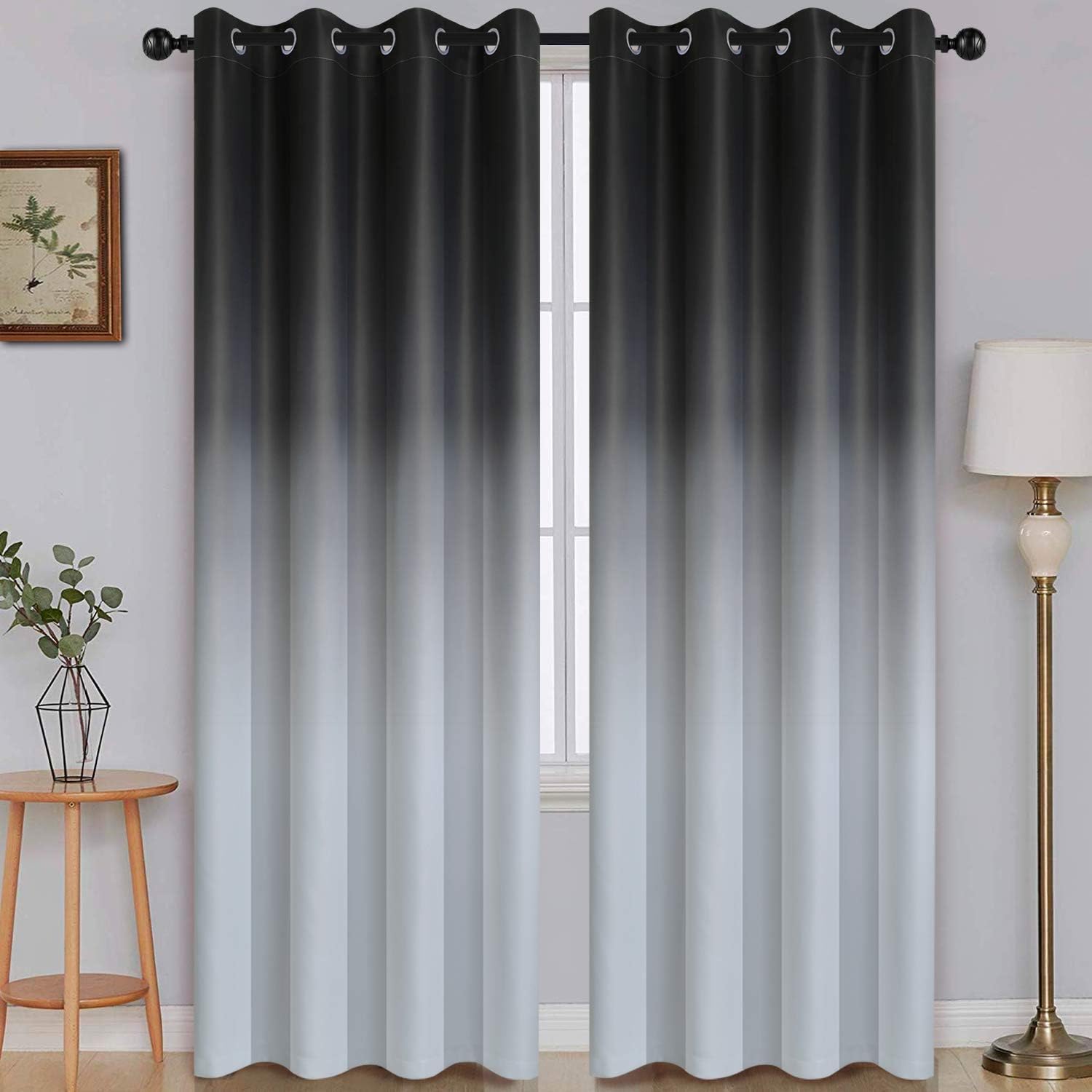 SimpleHome Ombre Room Darkening Curtains for Bedroom, Gradient Black to Grey White Light Blocking Thermal Insulated Grommet Window Curtain/Drapes for Living Room,2 Panels, 52x84 inches Length