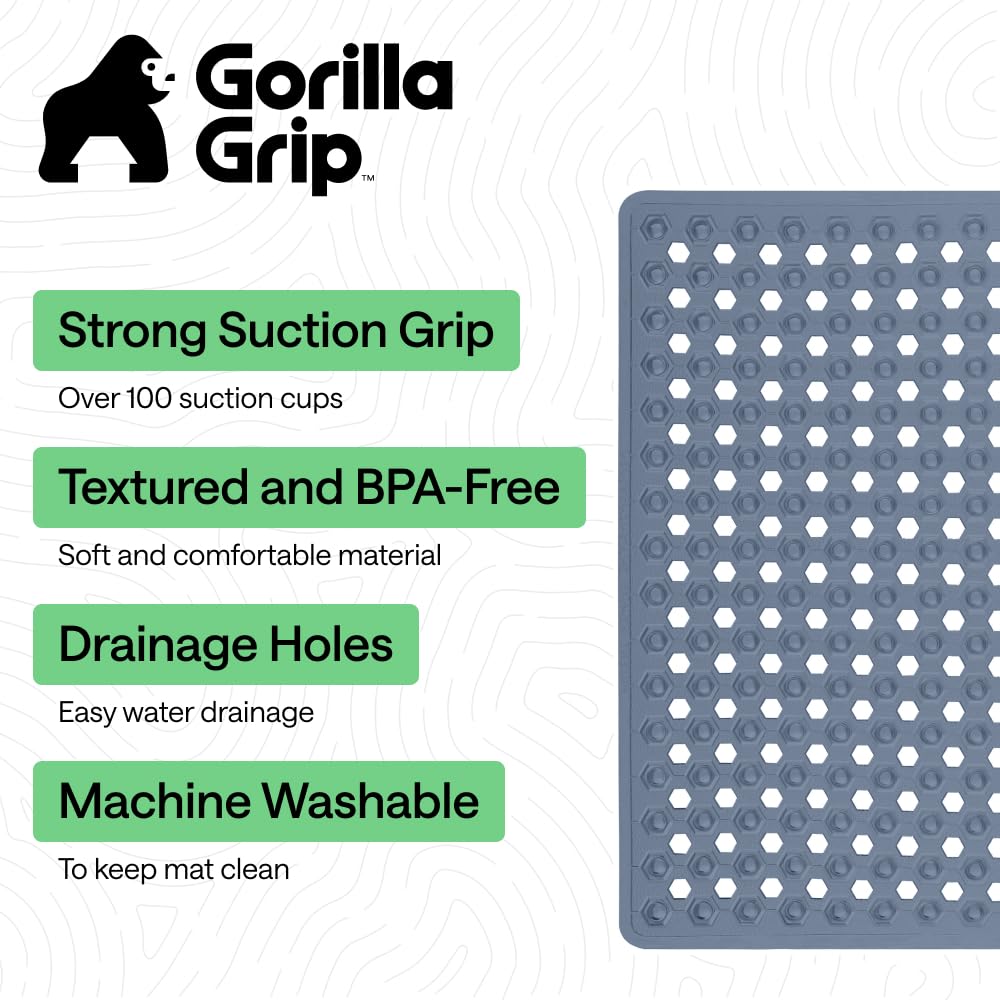 GORILLA GRIP Patented Bath Tub Shower Mat, Machine Washable Bathtub Floor Liner Mats, Suction Cups and Drain Holes to Keep Tubs Clean, Soft on Feet, Bathroom Essentials, 35x16 Inch, Clear