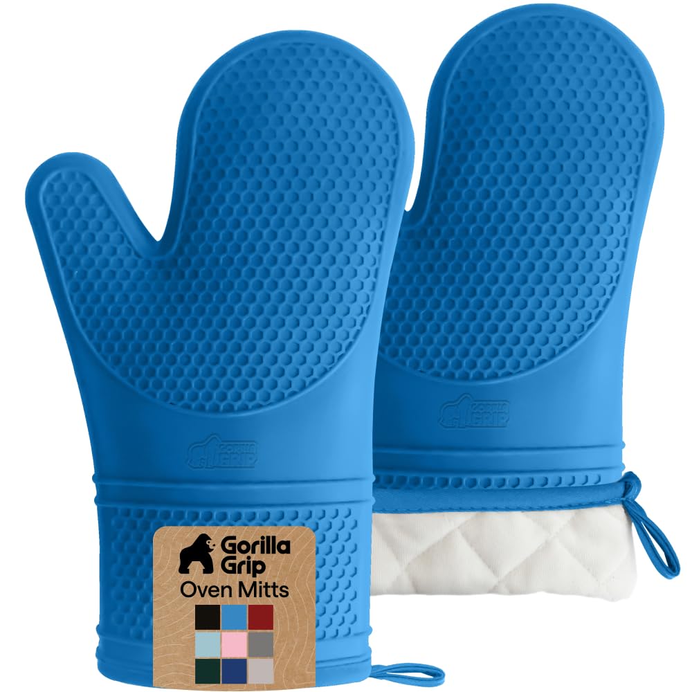 GORILLA GRIP BPA-Free Soft Silicone Oven Mitts, Heat Resistant and Waterproof Cooking Safety Gloves, Thick Cotton Lining, Flexible Gripping, Kitchen Potholders Set, for Grilling, BBQ, 12.5x8.3, Black