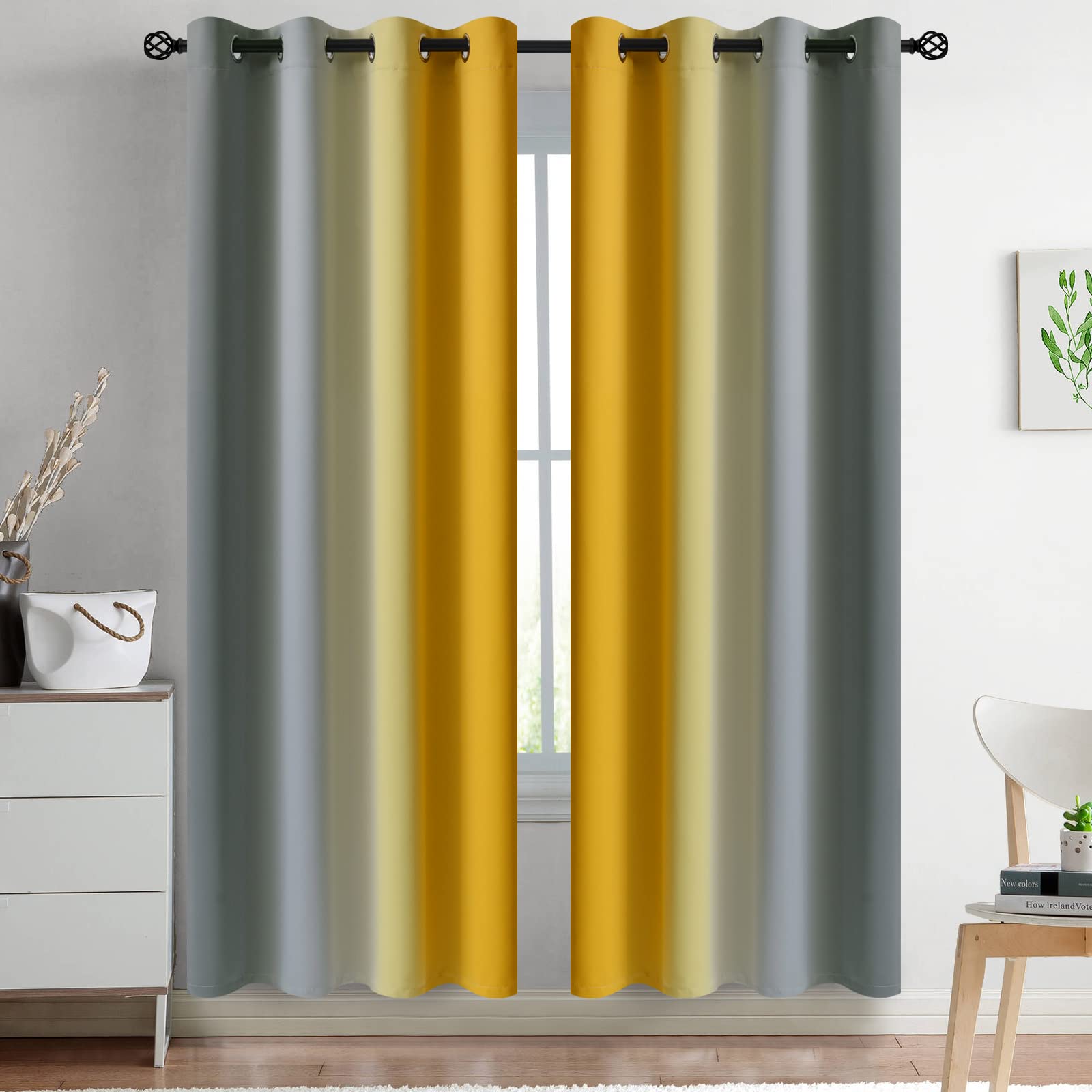 Yakamok Blue and Greyish White Ombre Curtains, Room Darkening Gradient Color Curtains for Bedroom, Light Blocking Thermal Insulated Window Drapes for Living Room(2 Panels, 52x84 Inch)