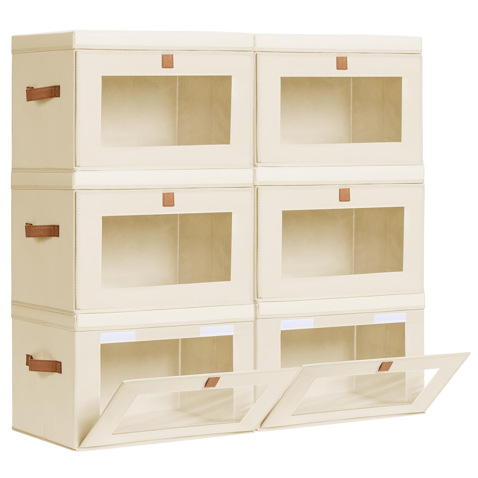 Homsorout Large Closet Storage Organizer - Clothes Storage Bins with Handles & Window, Collapsible Decorative Boxes with Lids, Fabric Containers for Living Room, Dorm, 2 Pack, Beige