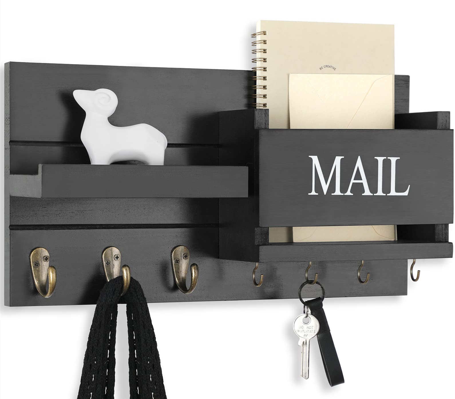 Mail Organizer for Wall Mount – Key Holder with Shelf Includes Letter Holder and Hooks for Hallway Farmhouse Decor – Rustic Wood with Flush Mounting Hardware (16.5” x 9.1” x 3.4”) (White)
