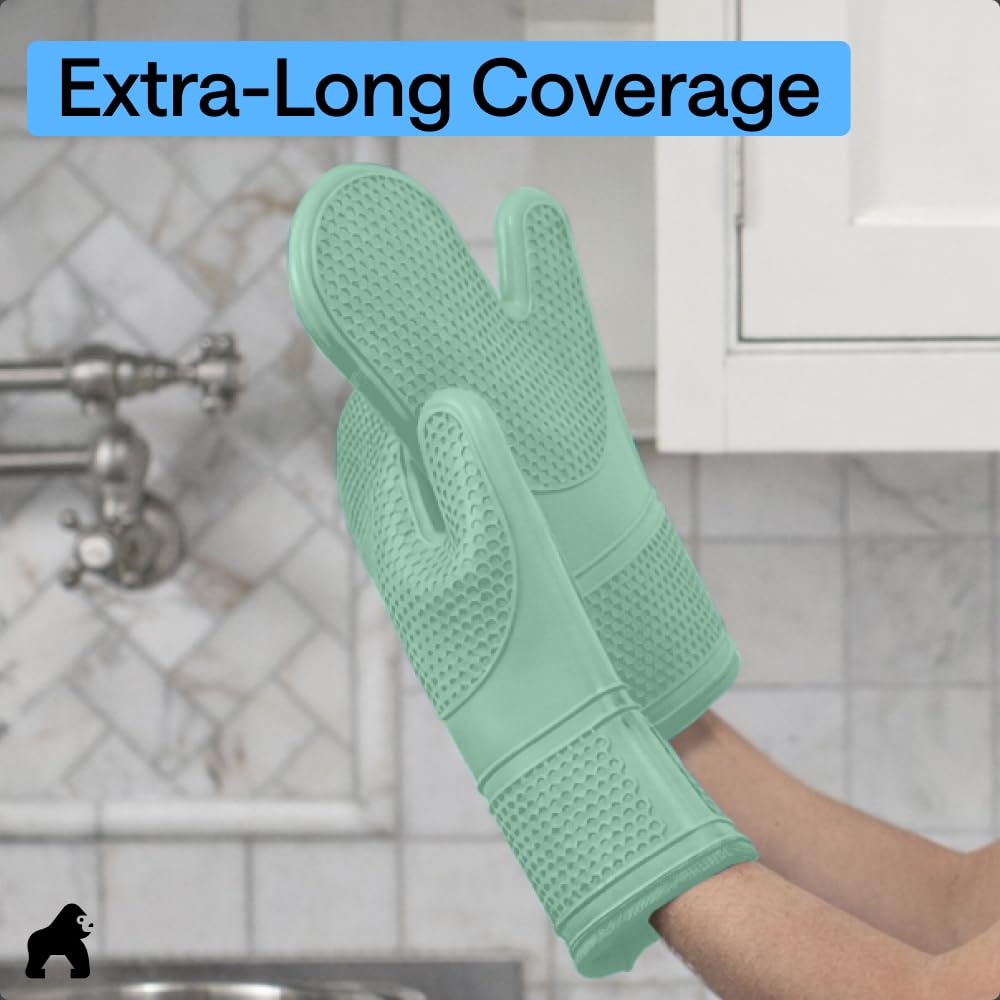 GORILLA GRIP BPA-Free Soft Silicone Oven Mitts, Heat Resistant and Waterproof Cooking Safety Gloves, Thick Cotton Lining, Flexible Gripping, Kitchen Potholders Set, for Grilling, BBQ, 12.5x8.3, Black