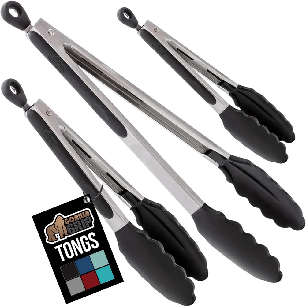 GORILLA GRIP Stainless Steel Heat Resistant Kitchen Tongs for Cooking, Set of 2 BBQ Tong, Non Scratch Silicone Tip for Pans, Strong Grip, Grab Food, Toss Salad, Air Fryer, Pull Lock, 7 + 9 Inch, Black