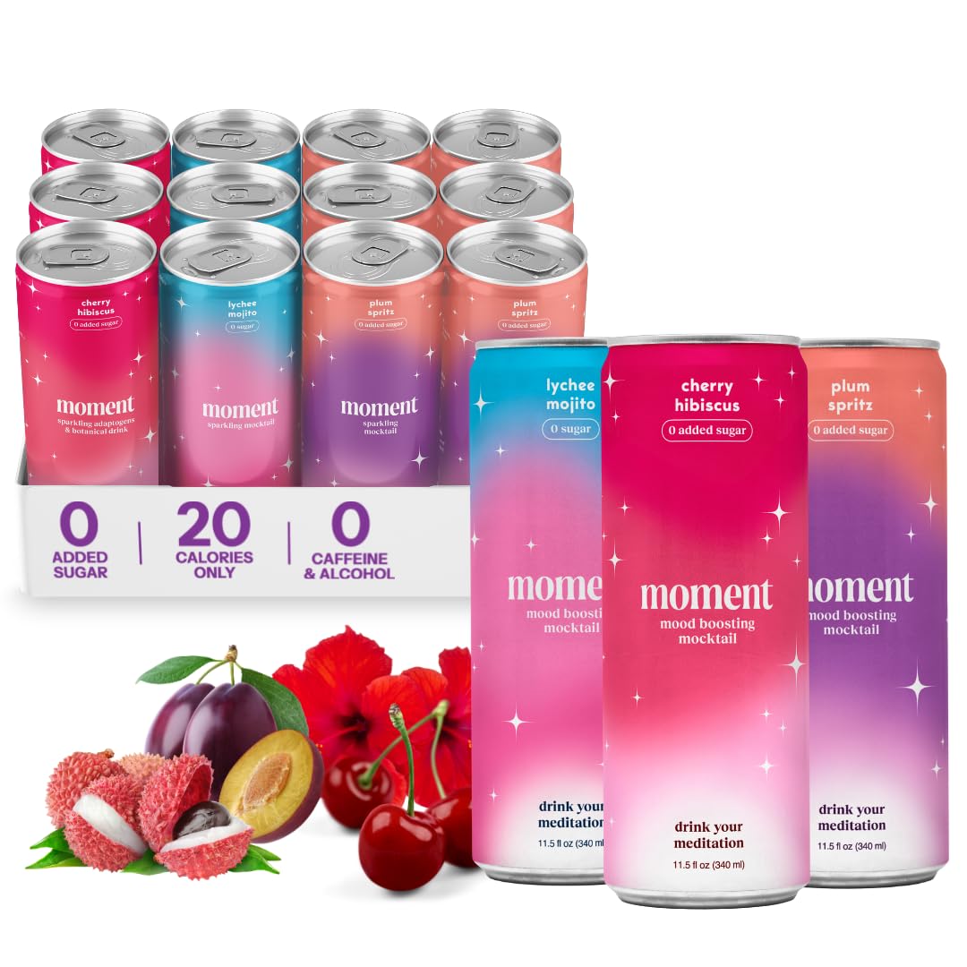 Moment Mocktails Non-Alcoholic Drinks (Shark Tank) - Calm, Clarity & Relaxation with L-Theanine & Ashwagandha - Sparkling Adaptogen Drink - 0 Sugar 0 Caffeine - 12 Pack 11.5 fl oz - Classics