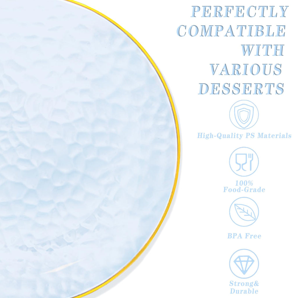 DaYammi 350PCS Clear Gold Plastic Dinnerware Set for 50 Guests, Hammered Disposable Plates for Party, Include: 50 Dinner Plates, 50 Dessert Plates, 150 Gold Silverware, 50 Napkins, 50 Cups