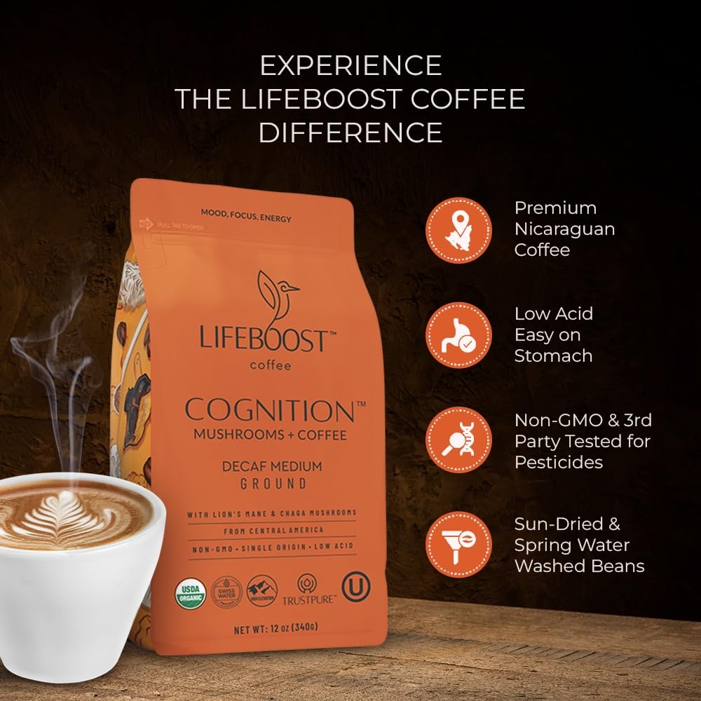 Lifeboost Cognition Mushroom Ground Coffee, Organic Low Acid, 12oz