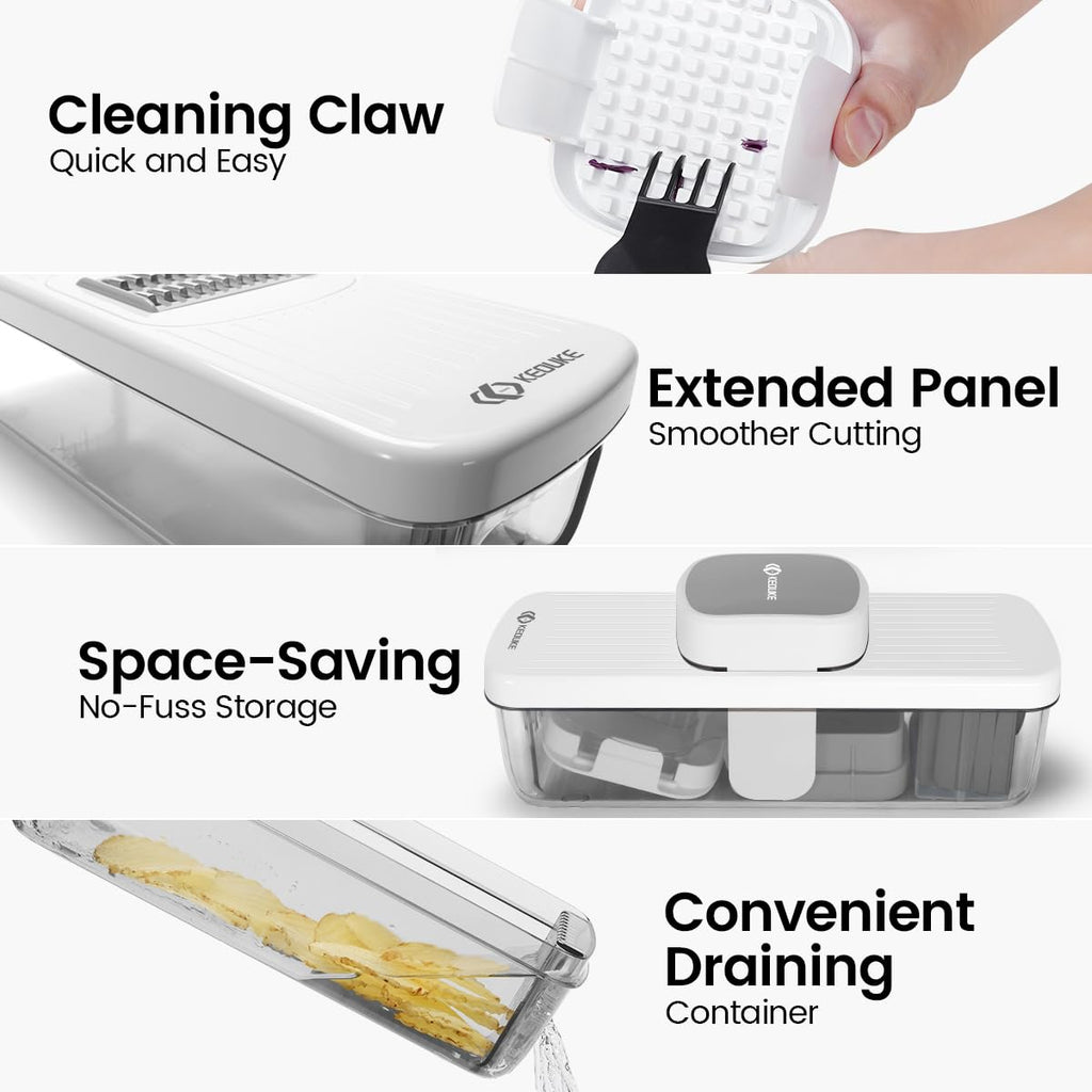 KEOUKE 8-in-1 Vertical Vegetable Chopper Mandoline Slicer with Container White - Safe Tap Out Dicer with Hand Guard for Kitchen Easy Food Prep, Onion Potato Veggie Fruit