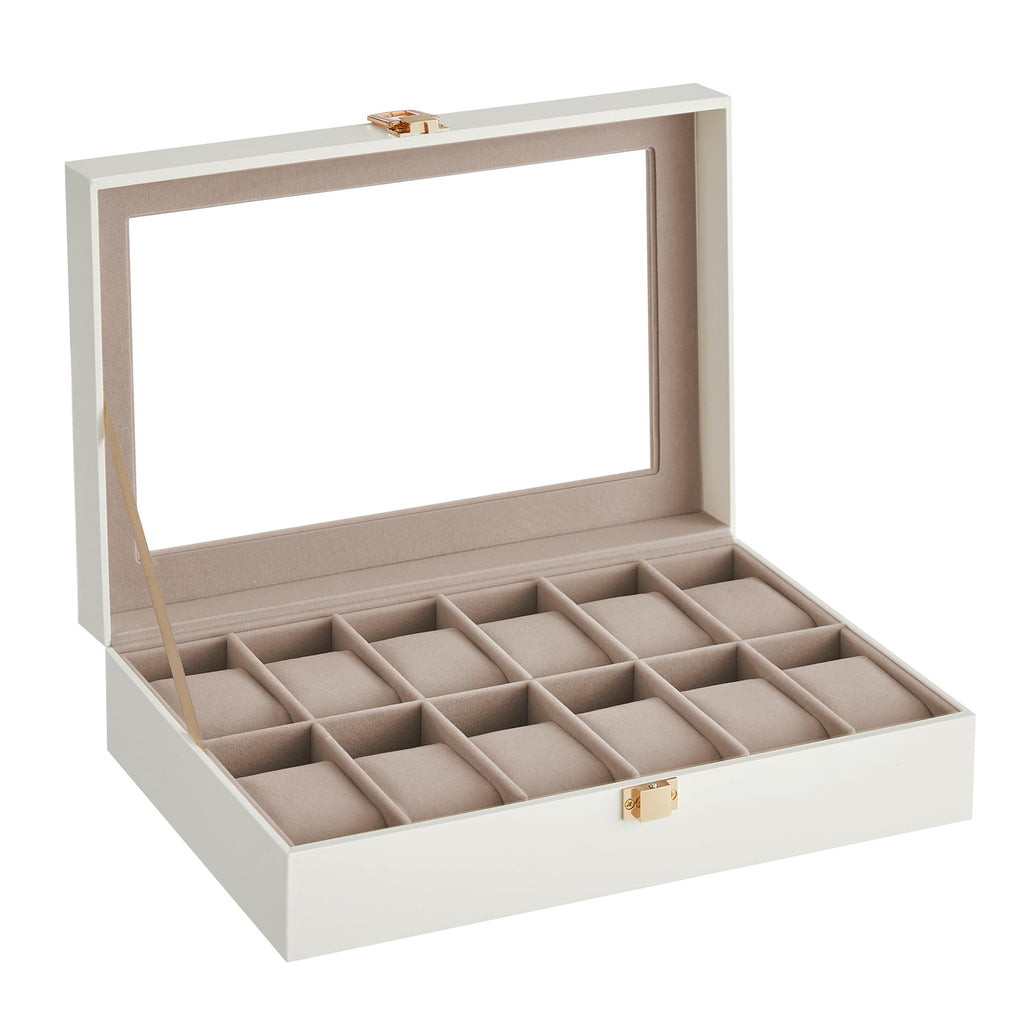 SONGMICS Watch Box, 12-Slot Watch Case Organizer with Large Glass Lid, Removable Pillows, Gift for Loved Ones, Black Synthetic Leather, Gray Lining UJWB12BK