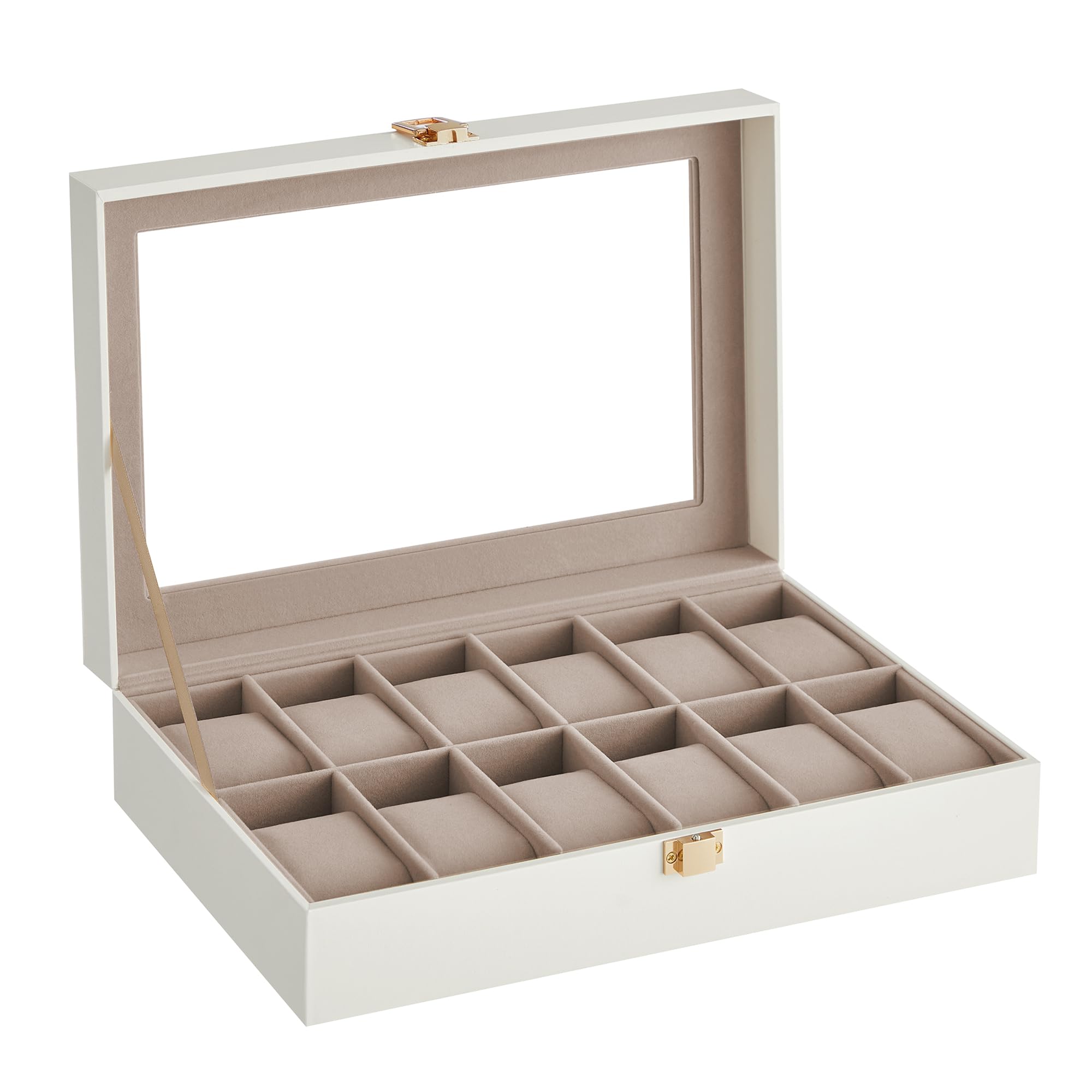 SONGMICS Watch Box, 12-Slot Watch Case Organizer with Large Glass Lid, Removable Pillows, Gift for Loved Ones, Black Synthetic Leather, Gray Lining UJWB12BK