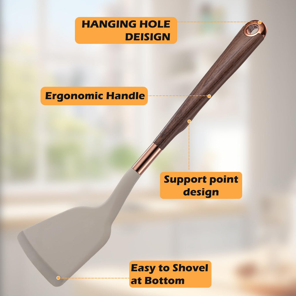 MANJIA Silicone Slotted and Solid Cooking Spoons Set, 2 Piece, Khaki