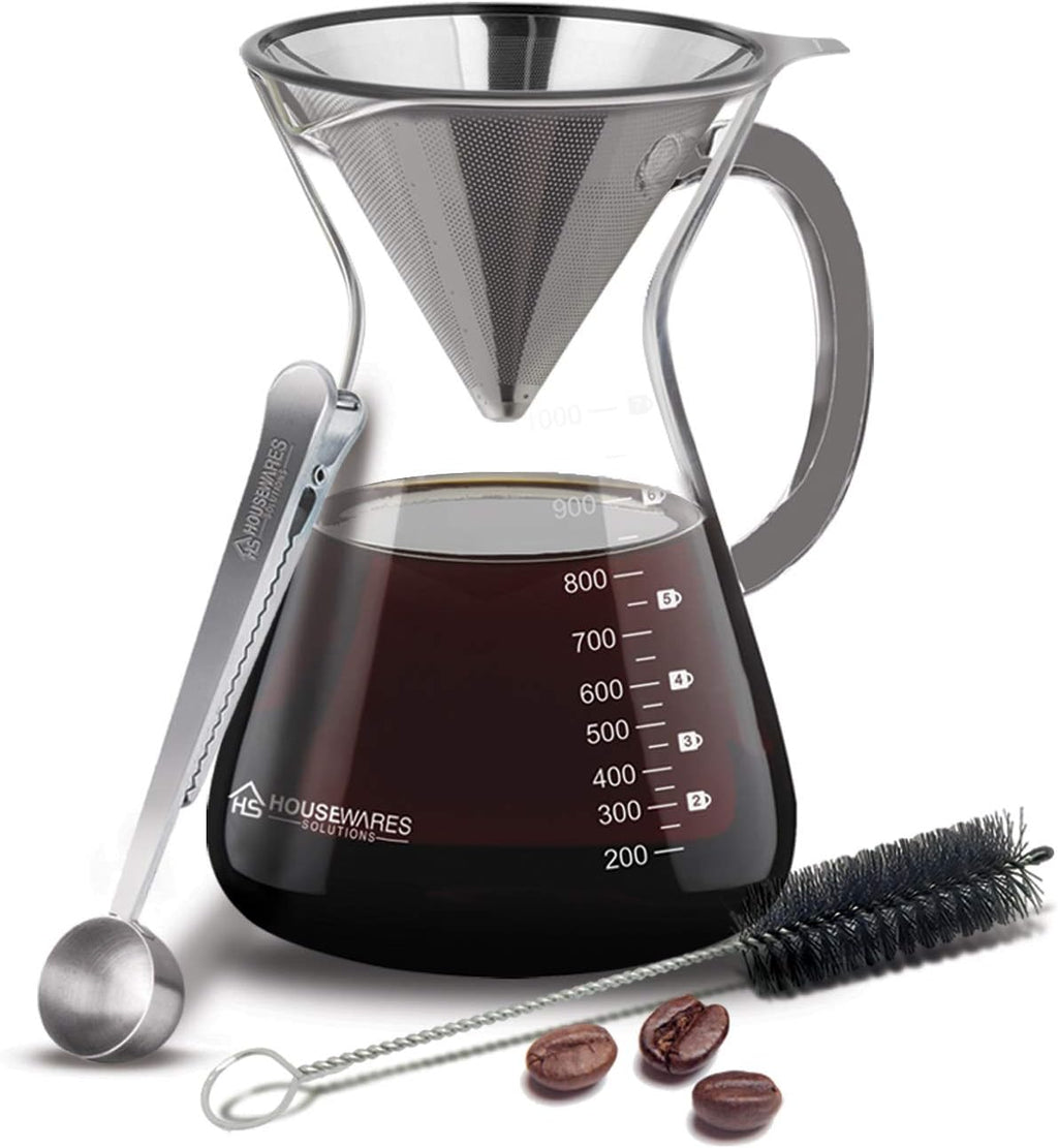 Pour Over Coffee Maker Set - 34 oz Large Borosilicate Glass Carafe, Thickened Rust Resistant Heat Resistant Double-Layer Stainless Steel Dripper/Filter with Coffee Scoop and Cleaning Brush