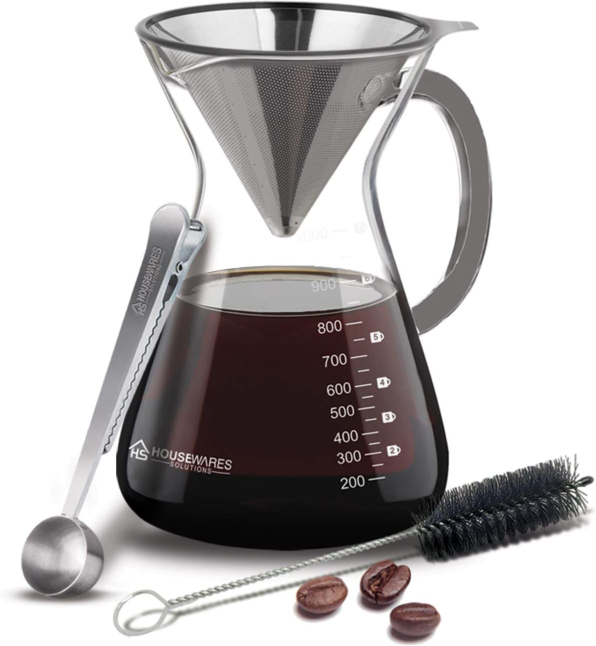 Pour Over Coffee Maker Set - 34 oz Large Borosilicate Glass Carafe, Thickened Rust Resistant Heat Resistant Double-Layer Stainless Steel Dripper/Filter with Coffee Scoop and Cleaning Brush