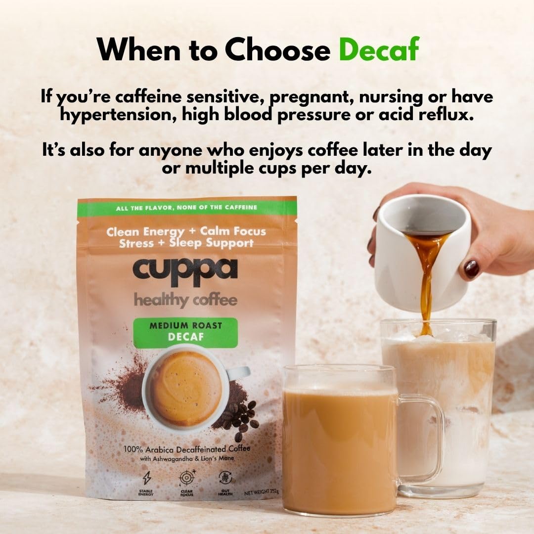 Cuppa Medium Roast Mushroom Coffee with Adaptogens & Superfoods - Lion’s Mane, Ashwagandha & Cordyceps. Adaptogens + MCT to support natural energy, mental focus & gut health (30 Servings)