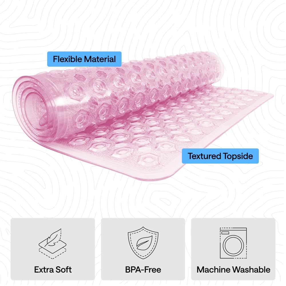GORILLA GRIP Patented Bath Tub Shower Mat, Machine Washable Bathtub Floor Liner Mats, Suction Cups and Drain Holes to Keep Tubs Clean, Soft on Feet, Bathroom Essentials, 35x16 Inch, Clear