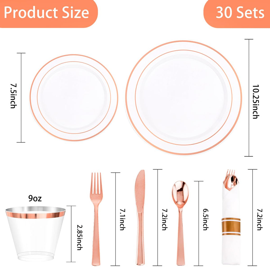 DaYammi 350PCS Gold Plastic Dinnerware Set for 50 Guests, Fancy Disposable Plates for Party, Include: 50 Dinner Plates, 50 Dessert Plates, 50 Pre Rolled Napkins with Gold Silverware, 50 Cups