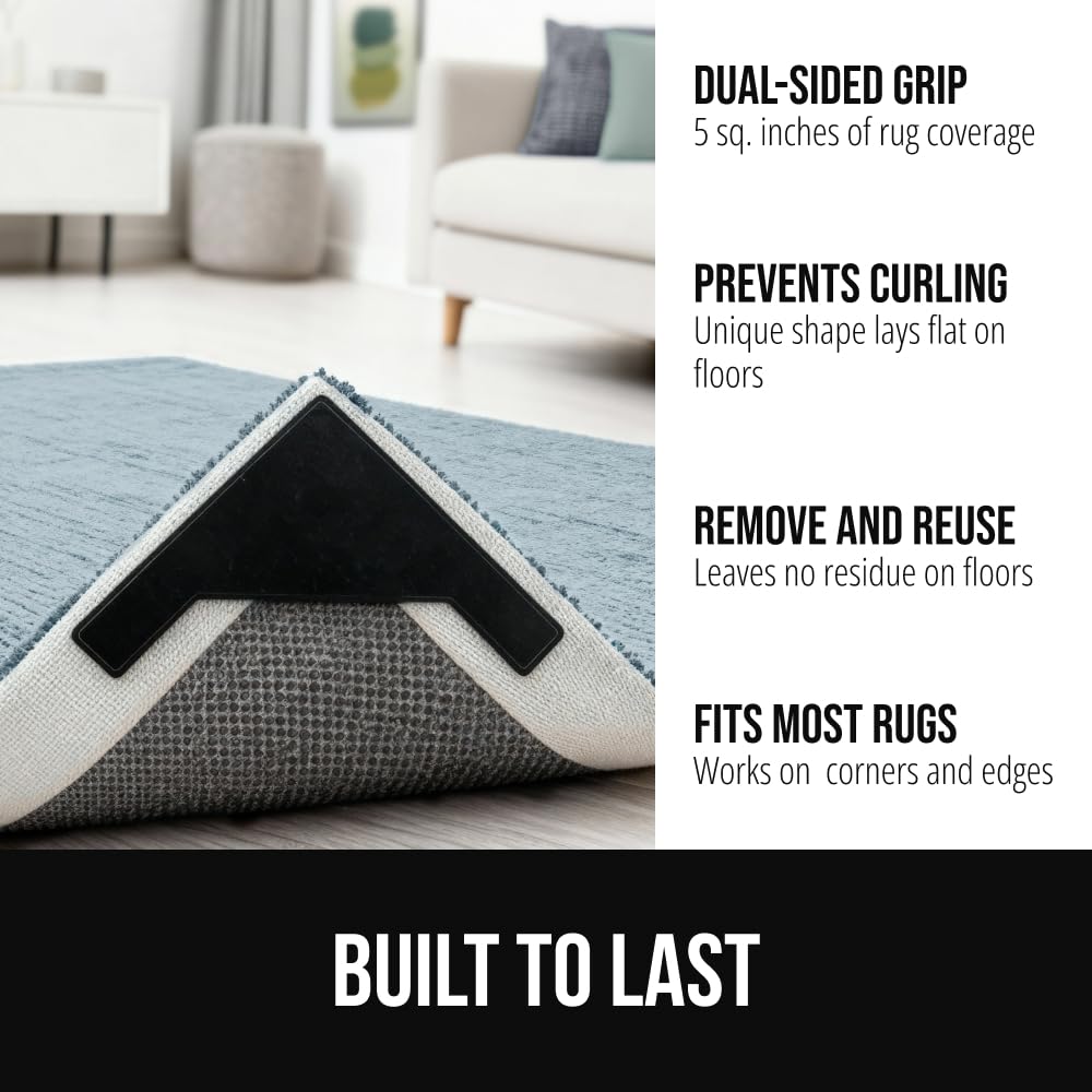 GORILLA GRIP Extra Wide Dual Sided Rug Gripper Pads, Holds Carpet in Place on Hardwood Floors and Tile, Removable Reusable Sticky Corner Grippers, Universal Fit Floor Pad for Under Area Rugs, 4 Pack